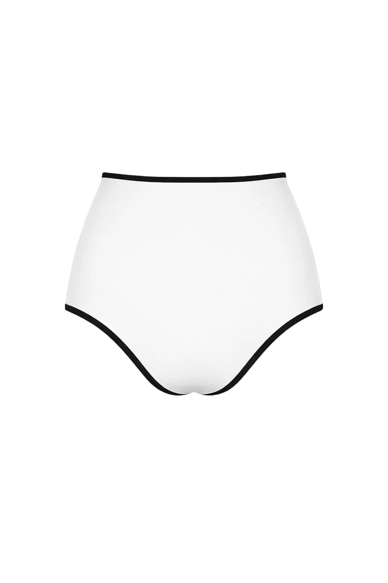 Verdelimon Oasis bikini bottom in white and black, showing the back view with sleek, minimal design and comfortable fit.