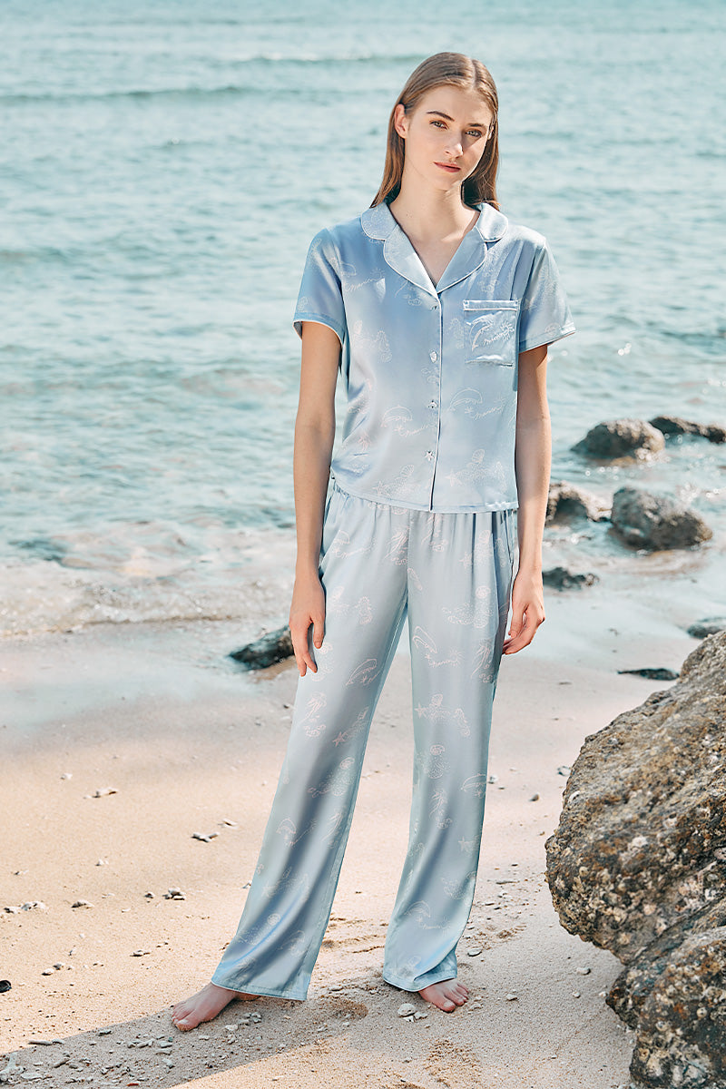 OCEAN BLUE WOMEN'S SHORT SLEEVE PAJAMA SET - CULT MIA