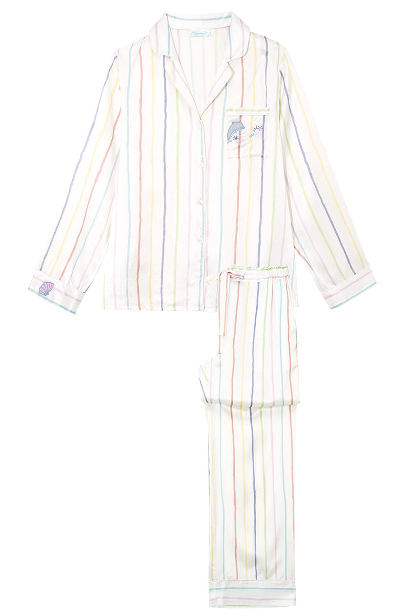 Manito Ocean Stripe women's lounge set pajamas with blue and white striped fabric, comfortable fit, perfect for relaxing at home.