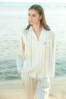 Manito Ocean Stripe women's lounge set pajamas with blue and white striped pattern, soft fabric, and relaxed fit.
