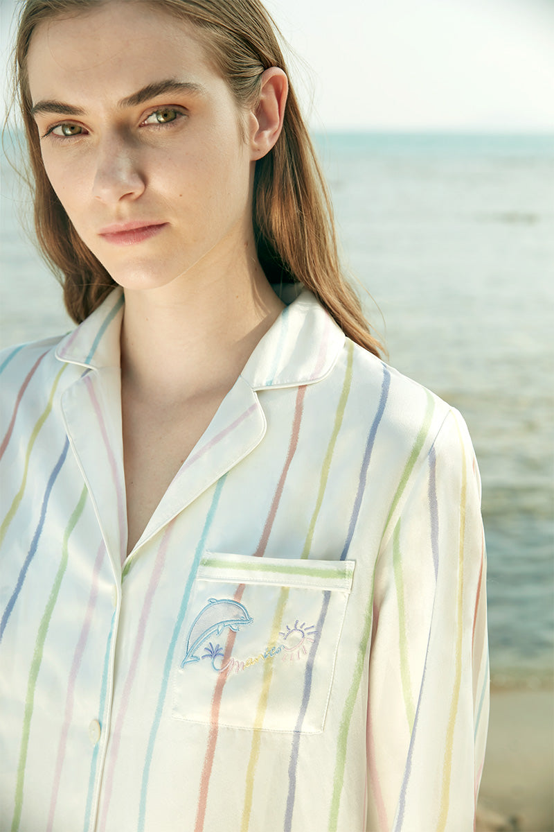 Manito Ocean Stripe women's lounge set pajamas with soft fabric, featuring ocean-inspired blue and white stripe pattern.
