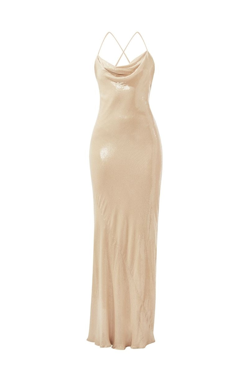 OCEANA NUDE BEIGE SEQUIN MAXI DRESS - CULT MIA