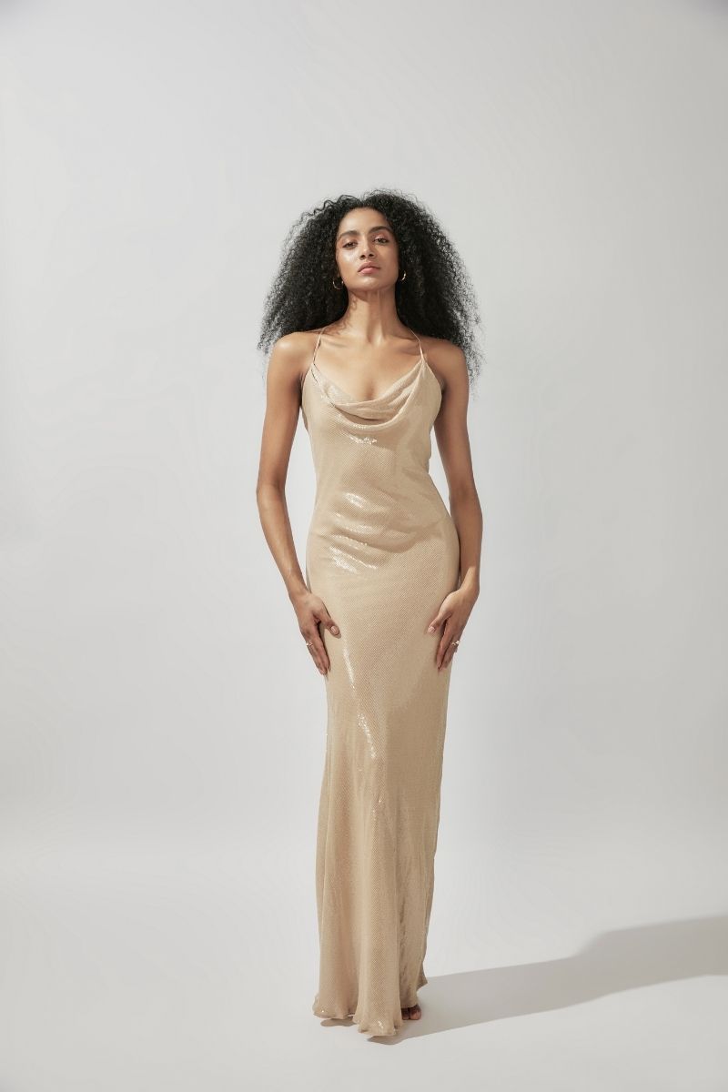 OCEANA NUDE BEIGE SEQUIN MAXI DRESS - CULT MIA