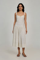 Ivory dot Odessa midi dress by Summer Away, featuring a flowy silhouette and delicate pattern, perfect for summer occasions.