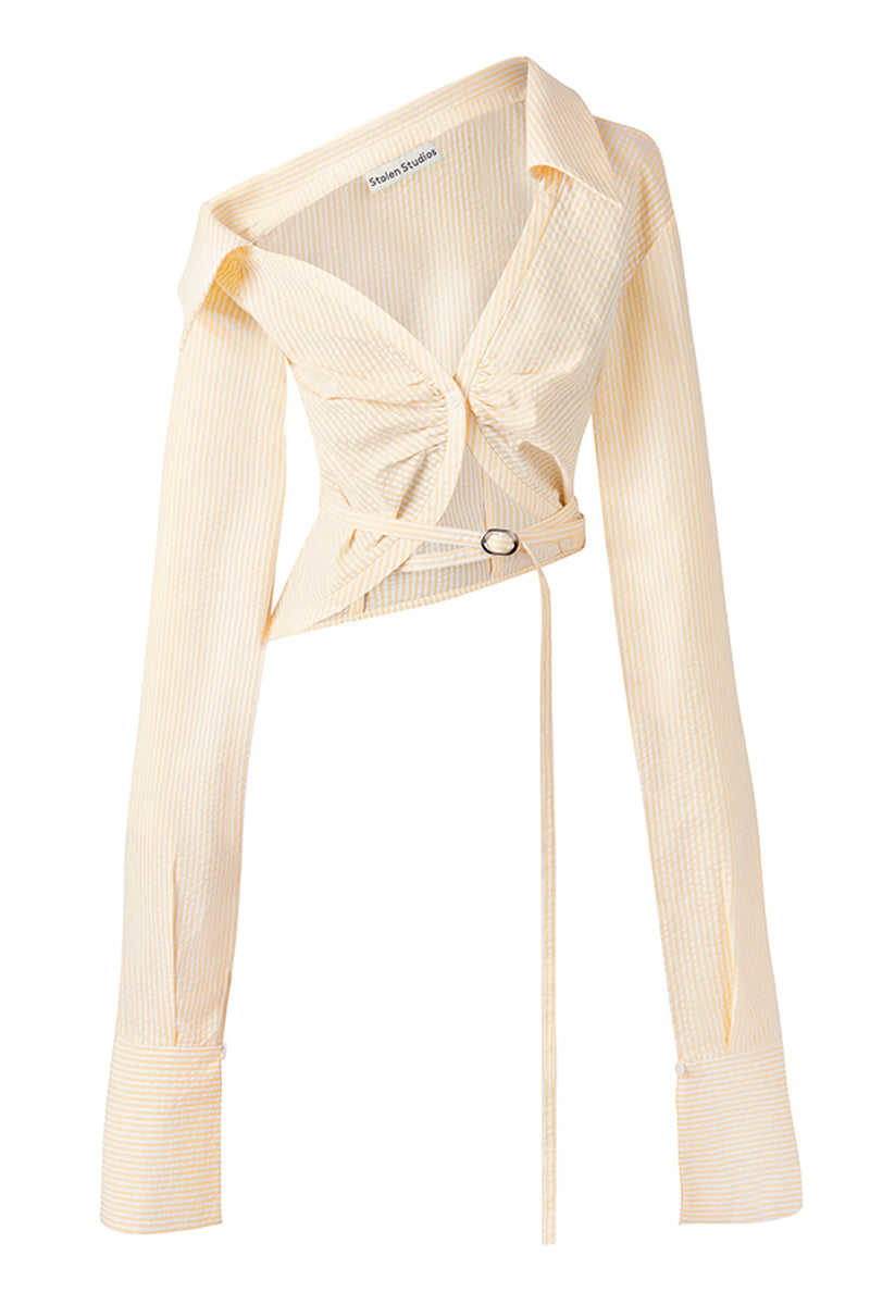 OFF SHOULDER CROPPED STRIPE SHIRT IN YELLOW - CULT MIA
