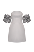 Gray Liya off-shoulder mini dress with a fitted bodice and flared skirt, displayed on a neutral background.