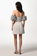 Gray Liya off-shoulder mini dress with long sleeves and fitted silhouette, stylish and perfect for casual or semi-formal occasions.