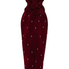 Red off-shoulder velvet floral gown by Happy Clothing, flowing maxi dress with elegant floral pattern and off-shoulder design.