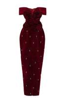 Red off-shoulder velvet floral gown by Happy Clothing, flowing maxi dress with elegant floral pattern and off-shoulder design.