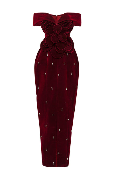 OFF-SHOULDER VELVET FLORAL MAXI DRESS IN RED | CULT MIA