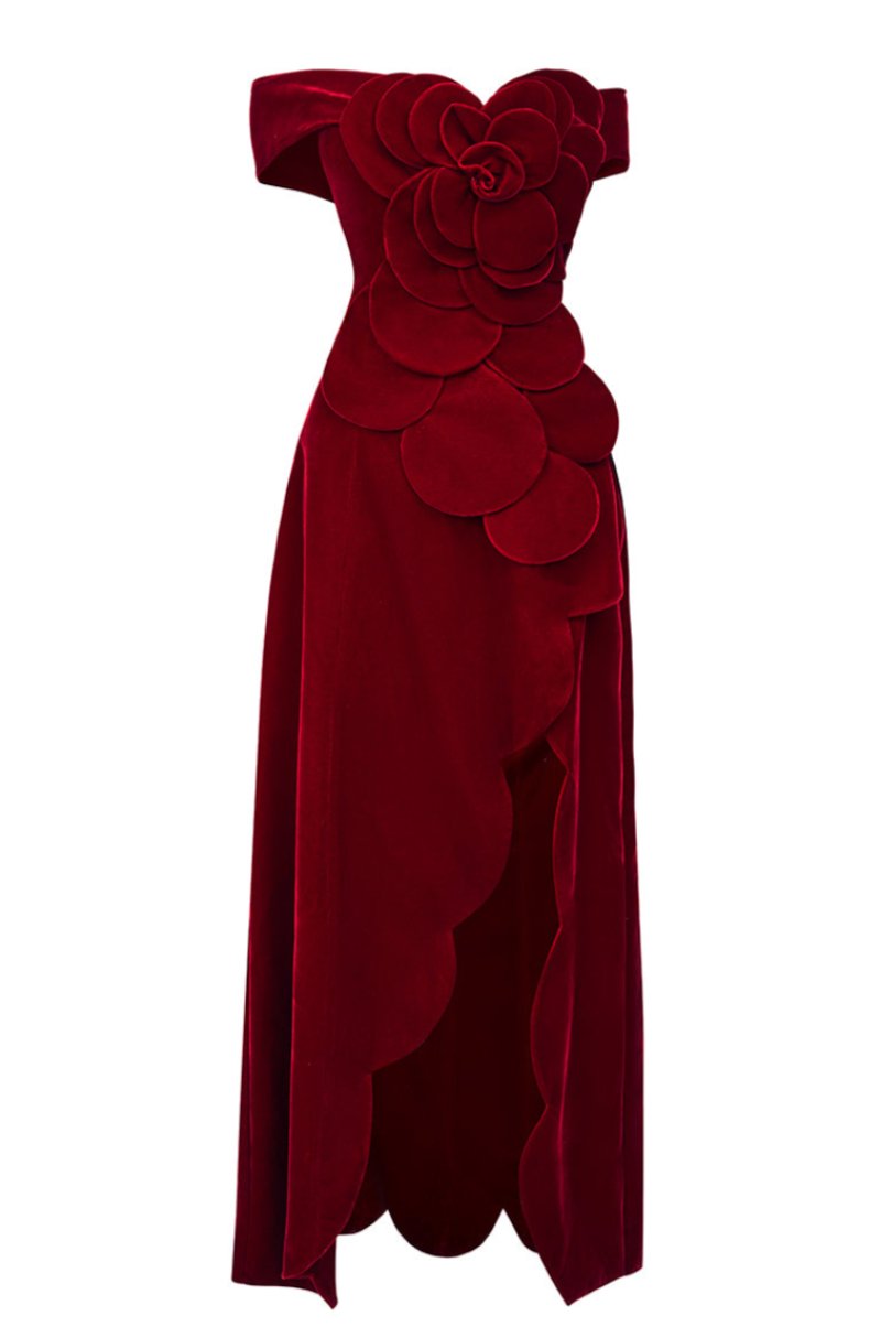 OFF-SHOULDER VELVET PETAL MAXI DRESS IN RED - CULT MIA