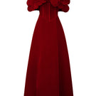 Red off-shoulder velvet A-line gown with petal neckline, elegant maxi dress by Happy Clothing.