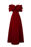 Red off-shoulder velvet A-line gown with petal neckline, elegant maxi dress by Happy Clothing.