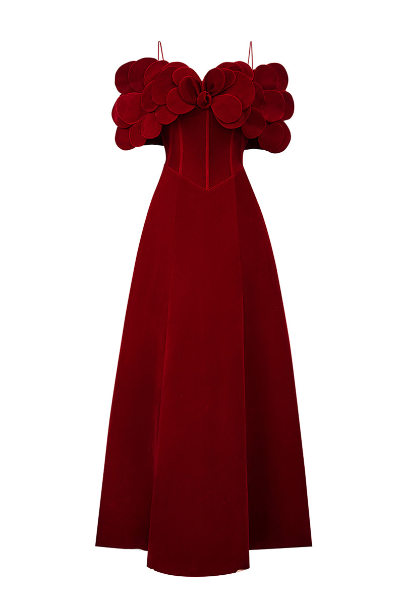 HAPPY CLOTHING OFF-SHOULDER VELVET PETAL NECKLINE A LINE MAXI DRESS IN RED