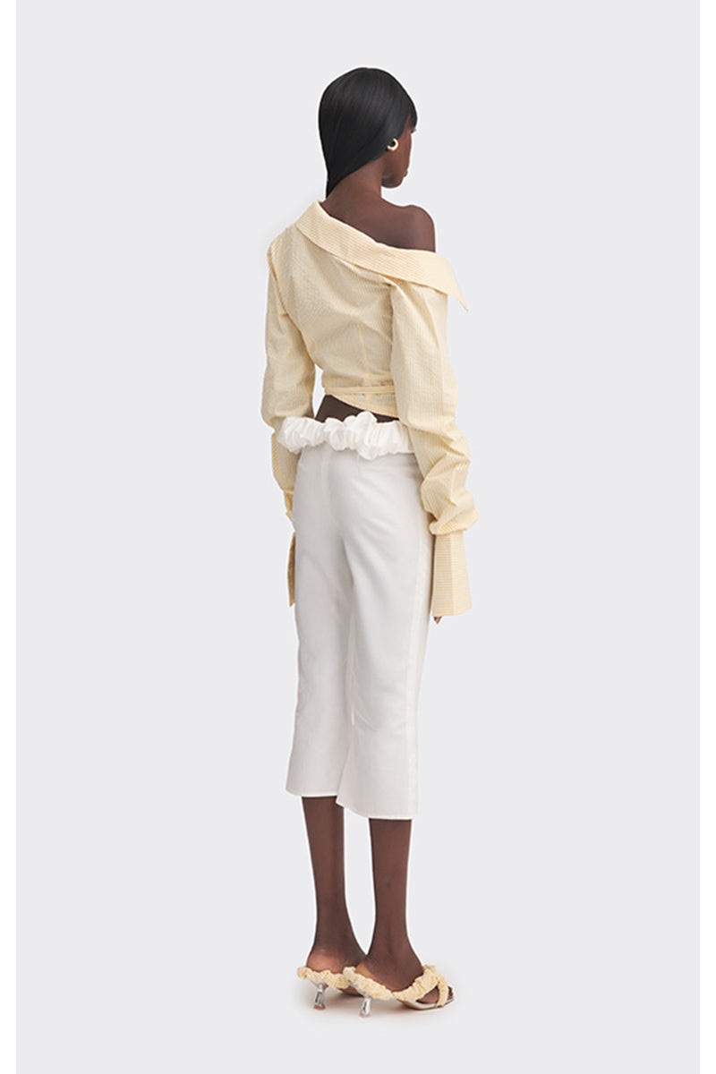 Yellow off-shoulder cropped striped shirt from Stolen Stores, styled as a trendy women's tops with a casual fit.