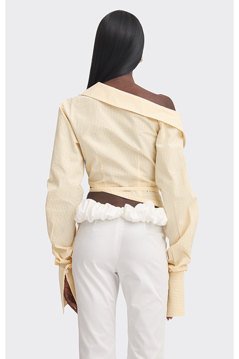 Yellow off-shoulder cropped striped shirt from Stolen Stores, featuring a stylish, casual tops design with a relaxed fit.