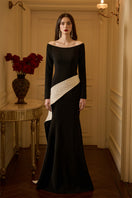 I.H.F off-shoulder mermaid gown with crepe and taffeta fabric, featuring a diagonal side strap and elegant silhouette.