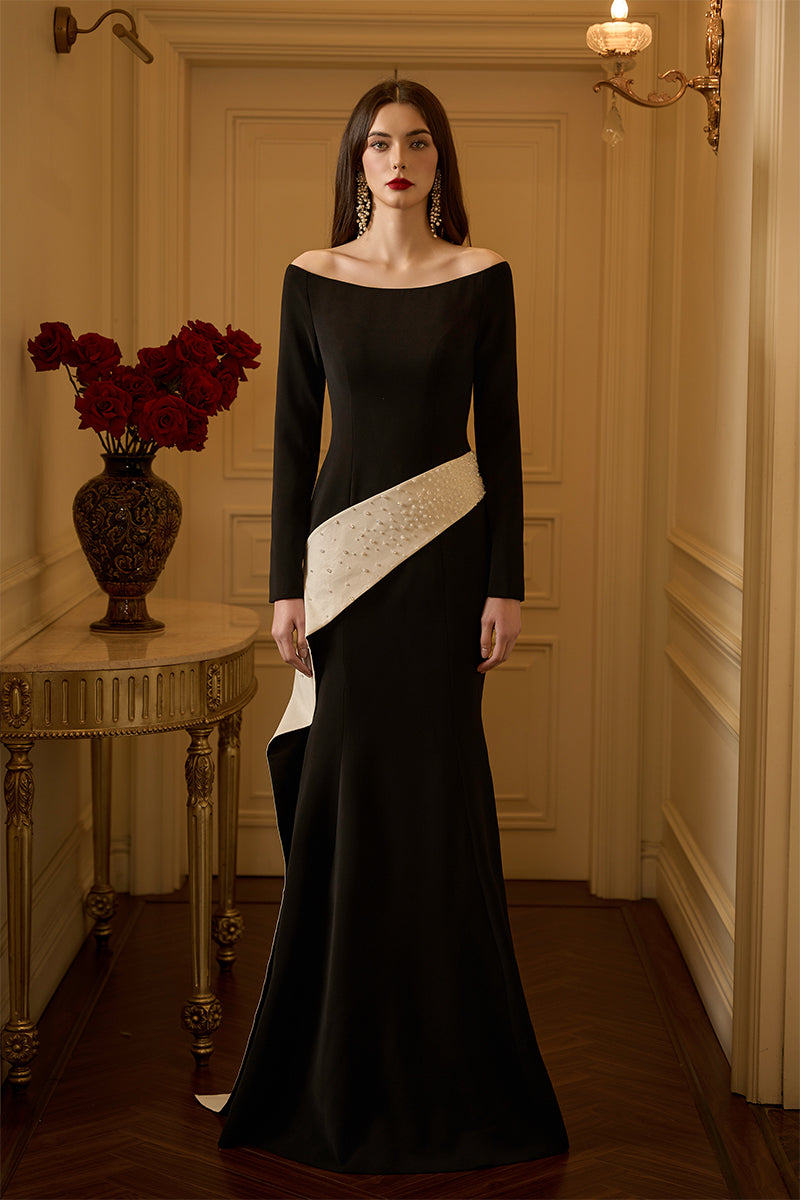 I.H.F off-shoulder mermaid gown with crepe and taffeta fabric, featuring a diagonal side strap and elegant silhouette.