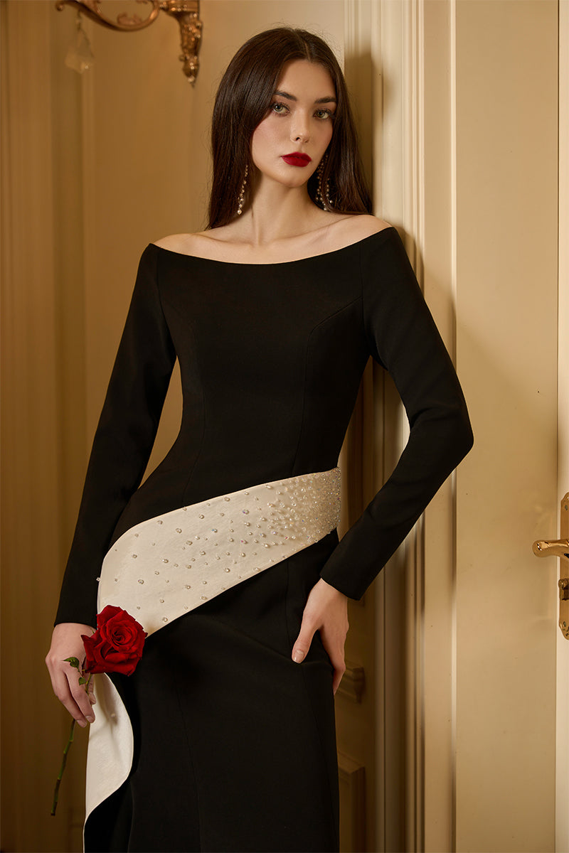 Elegant off-shoulder mermaid gown with diagonal side strap, crafted from crepe and taffeta by I.H.F.