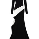 Off-shoulder mermaid gown with diagonal side strap in crepe and taffeta by I.H.F, showcasing elegant fit and luxurious fabric.