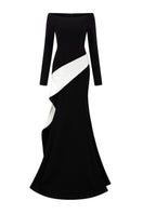 Off-shoulder mermaid gown with diagonal side strap in crepe and taffeta by I.H.F, showcasing elegant fit and luxurious fabric.