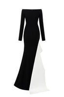 Off-shoulder mermaid gown with diagonal side strap in crepe and taffeta by I.H.F, showcasing elegant fit and luxurious fabric.