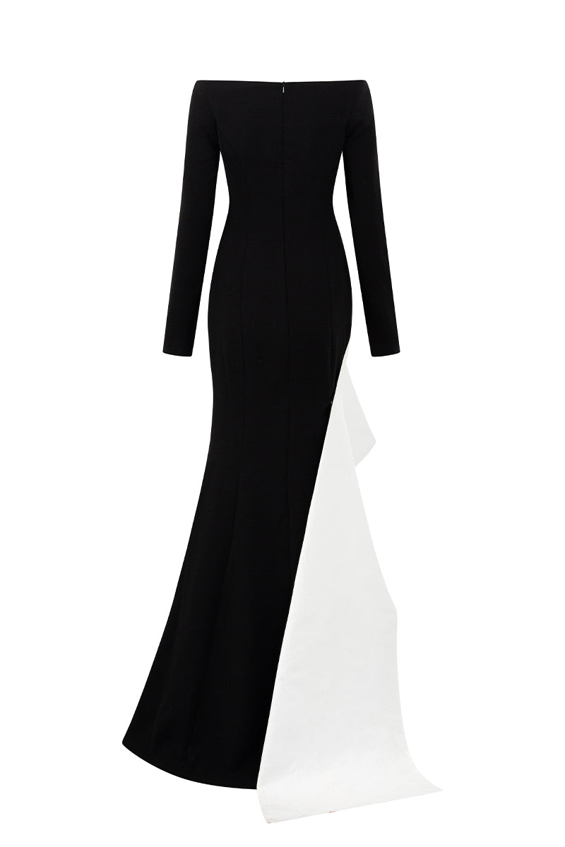 Off-shoulder mermaid gown with diagonal side strap in crepe and taffeta by I.H.F, showcasing elegant fit and luxurious fabric.