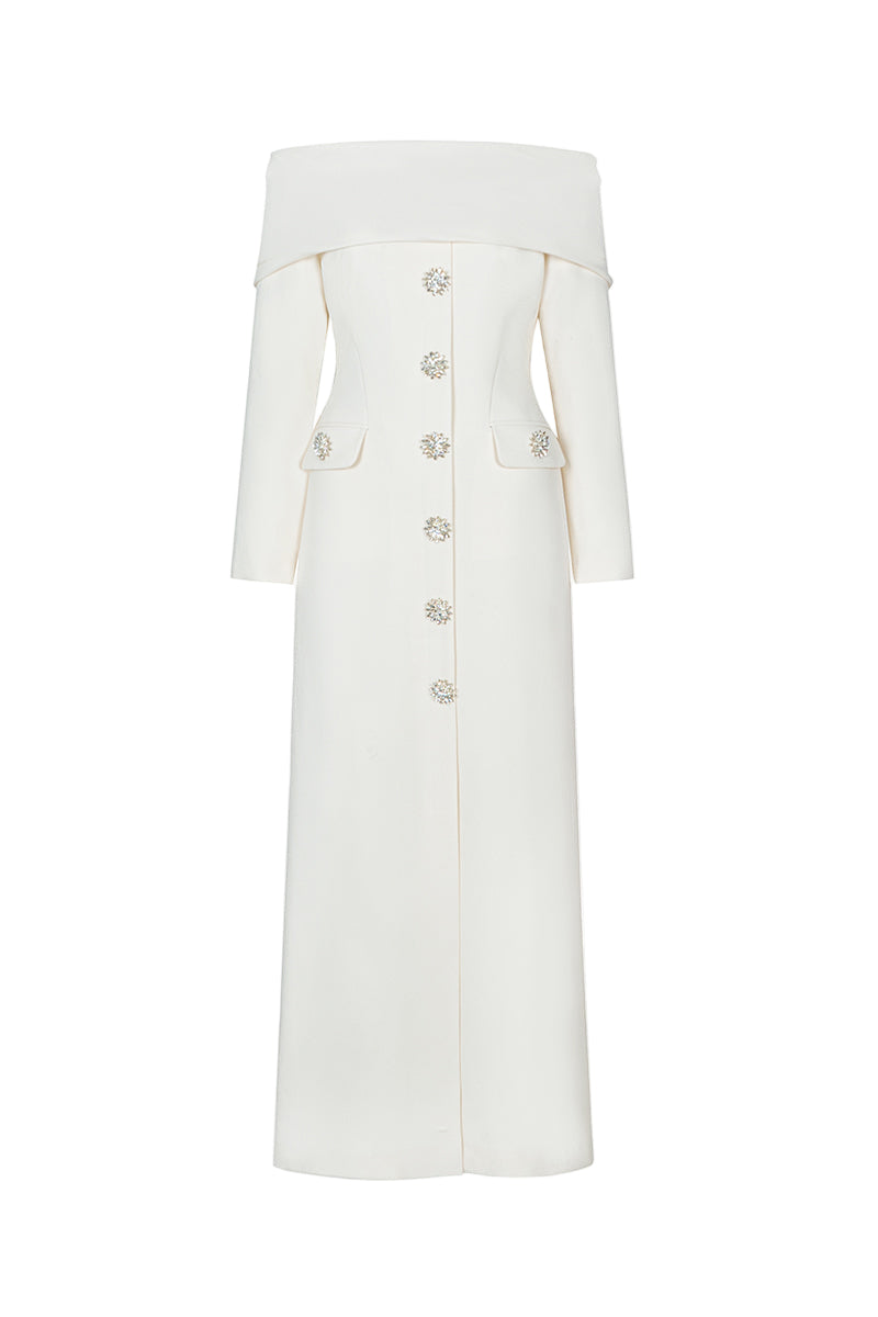 OFF-SHOULDER LONG SHIFT DRESS IN WHITE