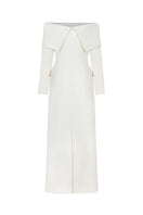White off-shoulder long shift dress by Valenciani, featuring a flowing maxi style and elegant off-shoulder design.