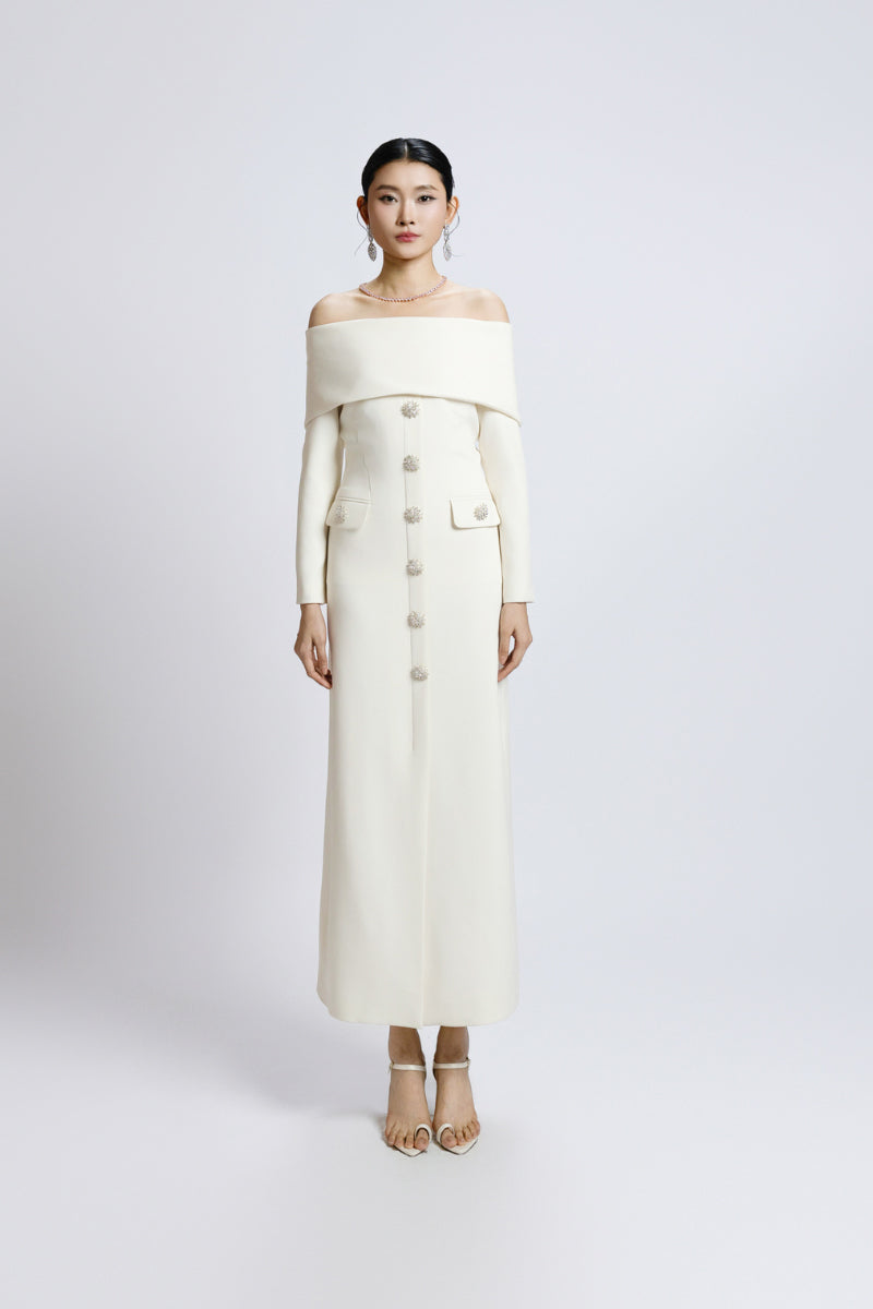 OFF-SHOULDER LONG SHIFT DRESS IN WHITE