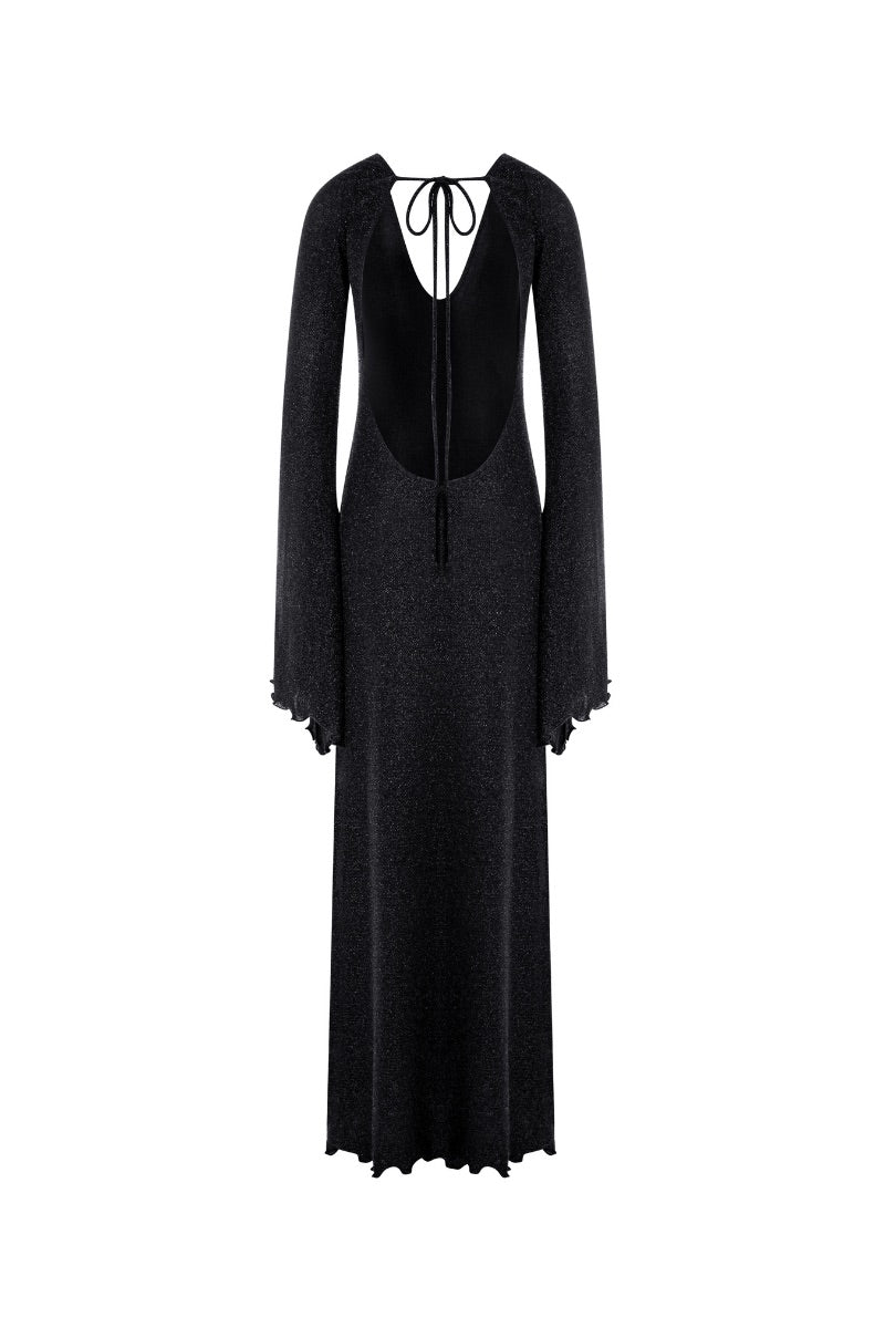 Black OLYA maxi dress by Suncillo, flowing fabric with a relaxed fit, perfect for elegant or casual occasions.