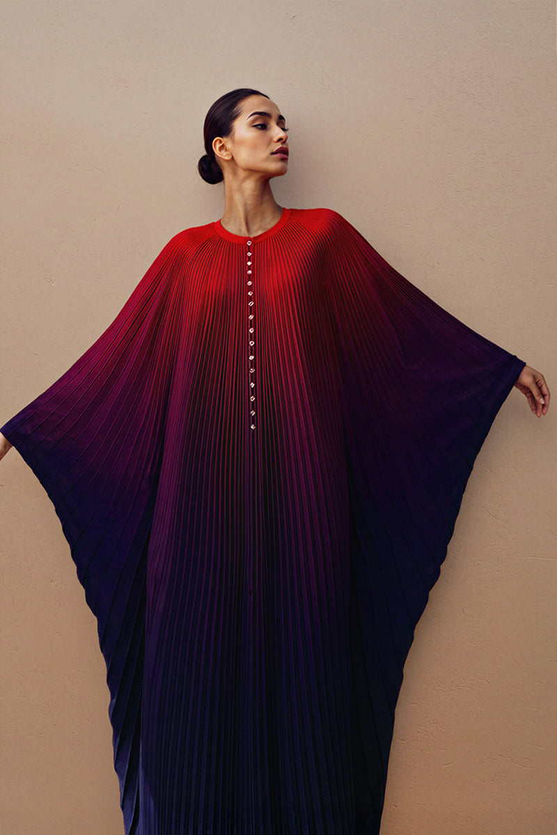 OMBRÉ PRINTED PLEATED KAFTAN IN SUNSET