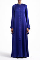 SemSem CULT MIA X SEMSEM silk indigo kaftan dress with crystal embellishments, styled on a model, maxi dress for elegant occasions.