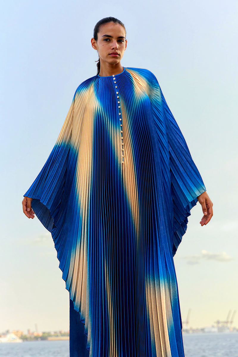 PRINTED PLEATED KAFTAN DRESS IN OMBRÉ PRINT