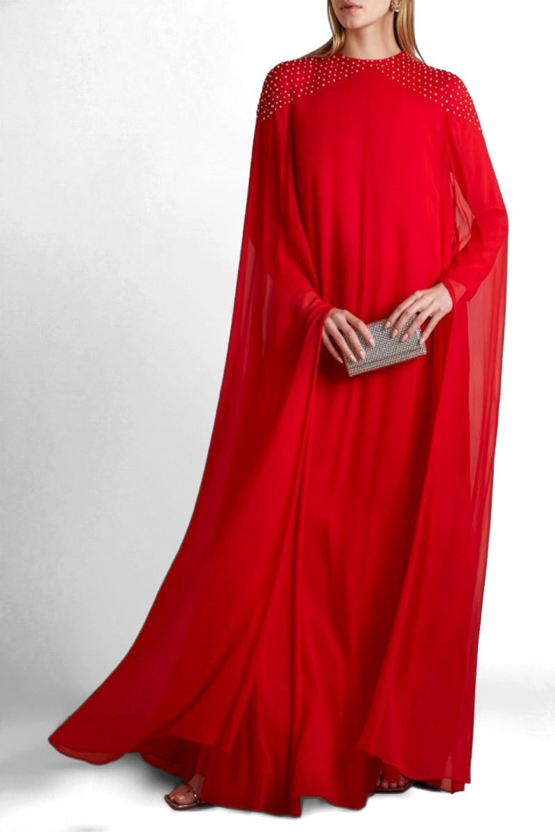 SILK CHIFFON KAFTAN DRESS IN RED