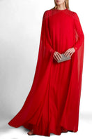 Red silk chiffon kaftan gown by SemSem worn by a model, showcasing flowing fabric and elegant design front view.
