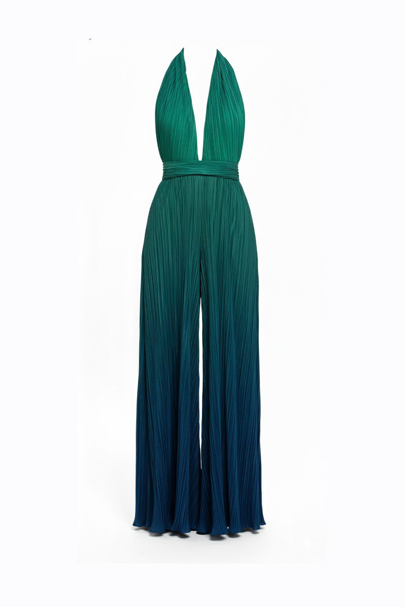 Deep green ombre Ondina jumpsuit by Maylé Vásquez, featuring stylish wide-leg design and elegant silhouette.