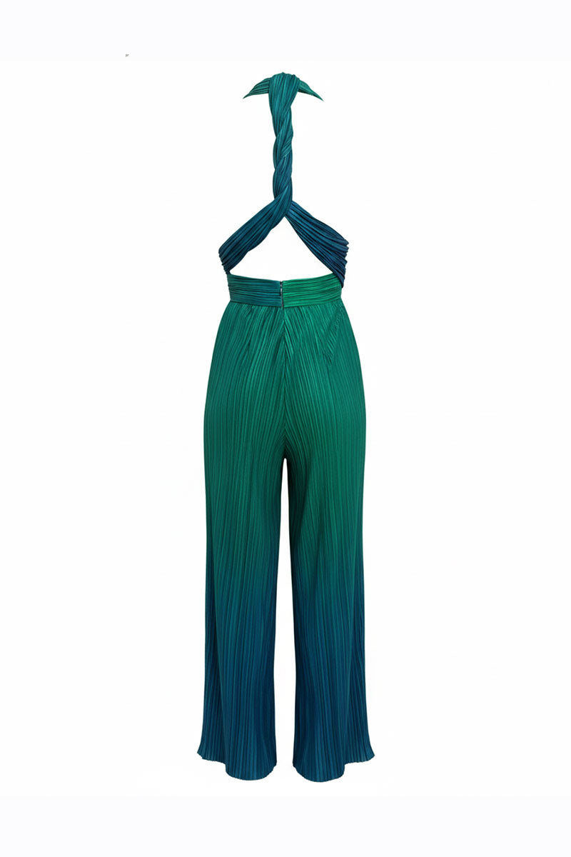 Deep green ombré Ondina jumpsuit by Maylé Vásquez, featuring a stylish, flowing design with wide legs and elegant details.