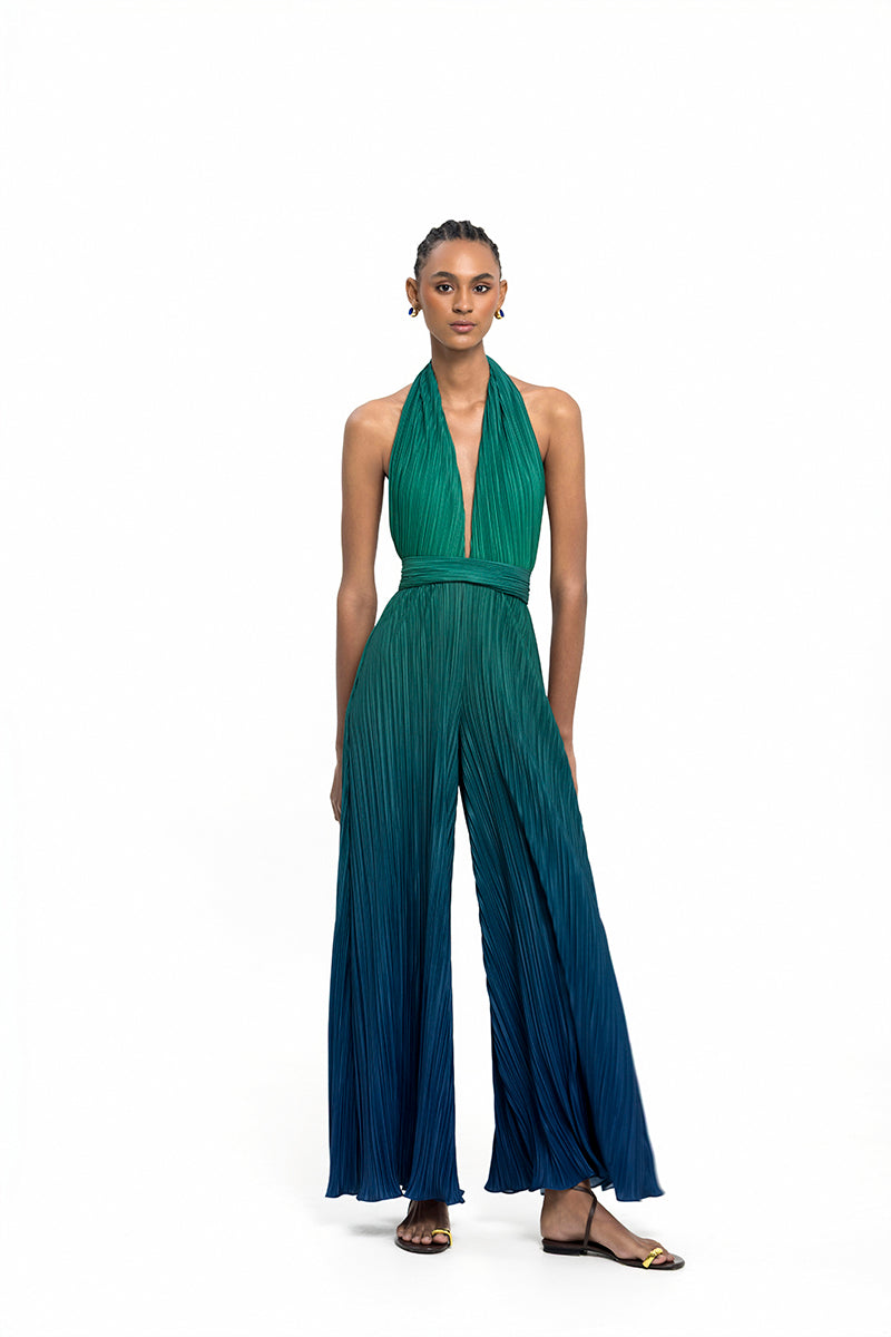 Deep green ombre ONDINA jumpsuit by Maylé Vásquez, featuring a stylish and elegant design with flowing fabric and modern silhouette.
