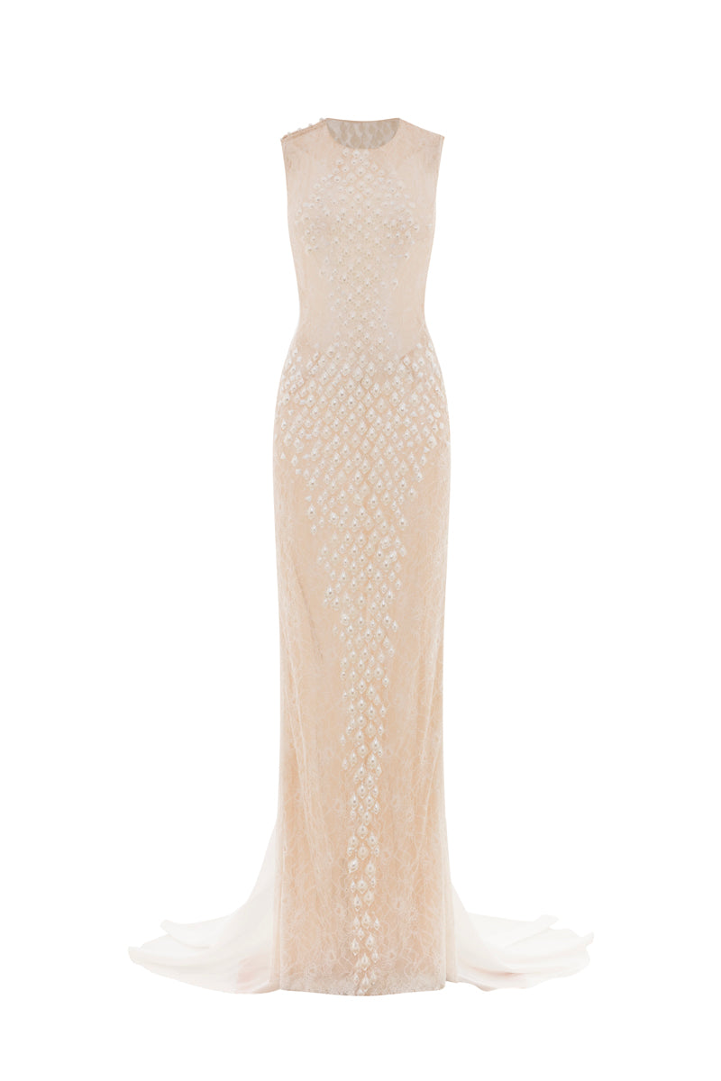 White POEM Ondine gown with flowing fabric and elegant design, showcased on a mannequin.