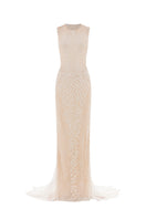 White POEM Ondine gown displayed on a mannequin, featuring elegant fabric and flowing design for a sophisticated look.