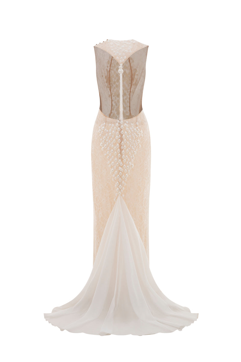Poem Ondine gown in white ghost fabric, elegant full-length gown with flowing design and delicate details.