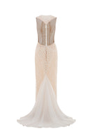 POEM Ondine gown in white ghost fabric, flowing elegance with delicate detailing, perfect for formal or special occasions.