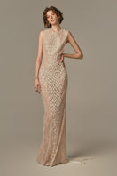 Poem Ondine gown in white, elegant women’s evening gown with flowing fabric and sophisticated design, modeled in the image.