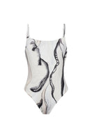 Nelblu TIERRA one-piece swimsuit with white print, featuring a stylish and comfortable design for beach or poolwear.