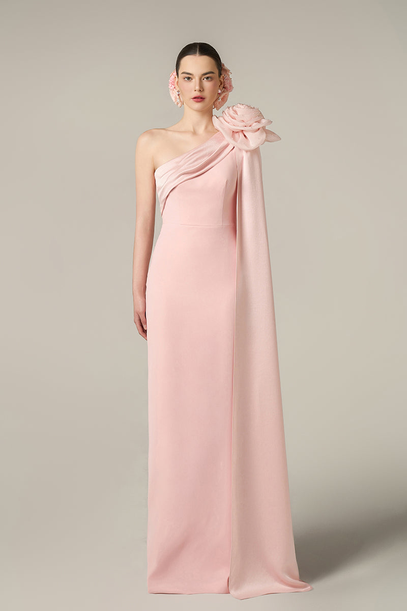 pink crepe dress CREPE DE CHINE A-LINE MAXI DRESS IN PINK
