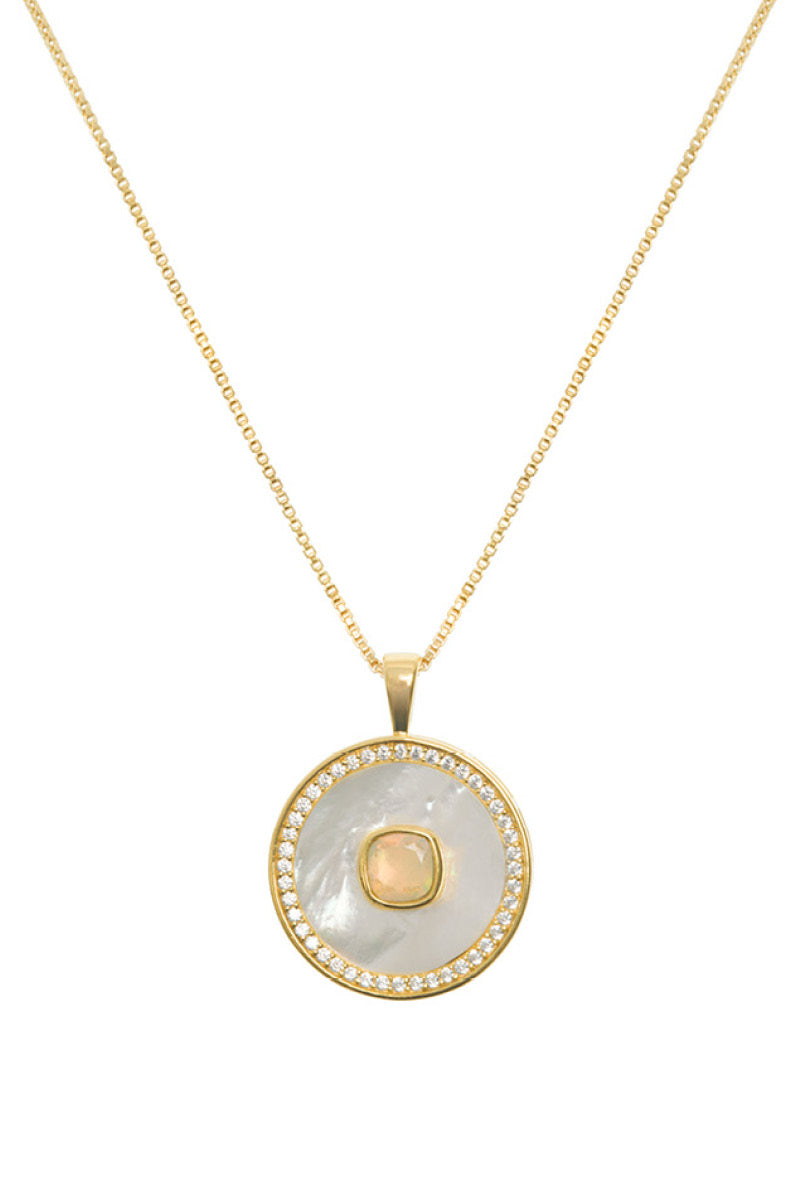 October birthstone opal necklace with mother of pearl accents in vermeil gold by Freya Rose.