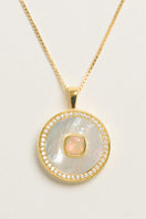 October birthstone opal necklace by Freya Rose featuring vermeil gold and mother-of-pearl accents.