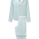Green silk women's pajama set by MANITO featuring a comfortable, elegant design with long sleeves and matching pants.