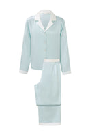 Green silk women's pajama set by MANITO featuring a comfortable, elegant design with long sleeves and matching pants.